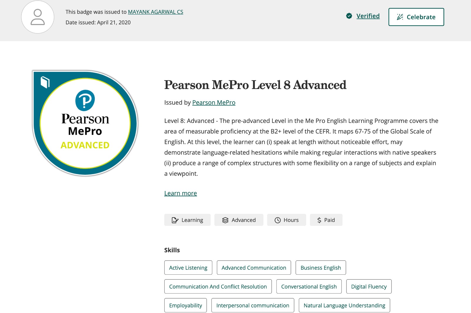 Pearson Level 8 Certificate
